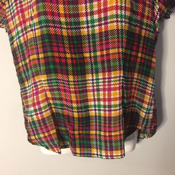 Silk Plaid Short Sleeve 100% Silk Top - Picture 5 of 8